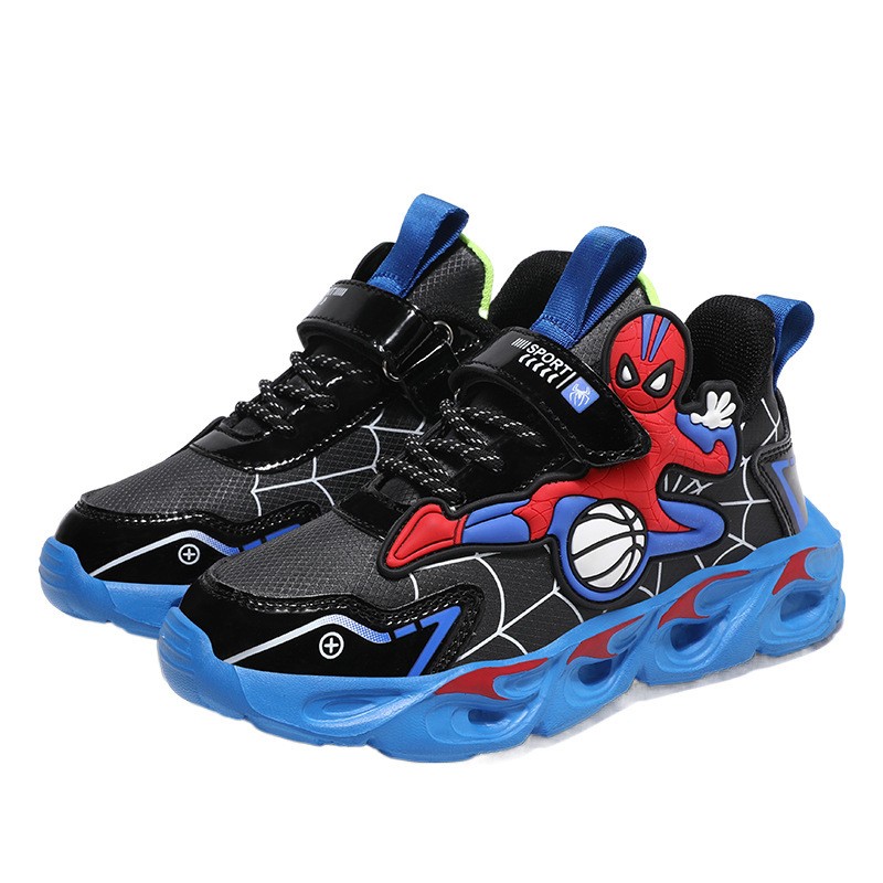 Zapatos para niños con lámparas Spider-Man 2025 zapatos deportivos de otoño de cuero antideslizante zapatos de correr ligeros para niños