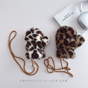 Ins Internet Popular Children's Leopard Print Gloves Winter Thickened Plush Neck Gloves for Boys and Girls with Finger Mittens