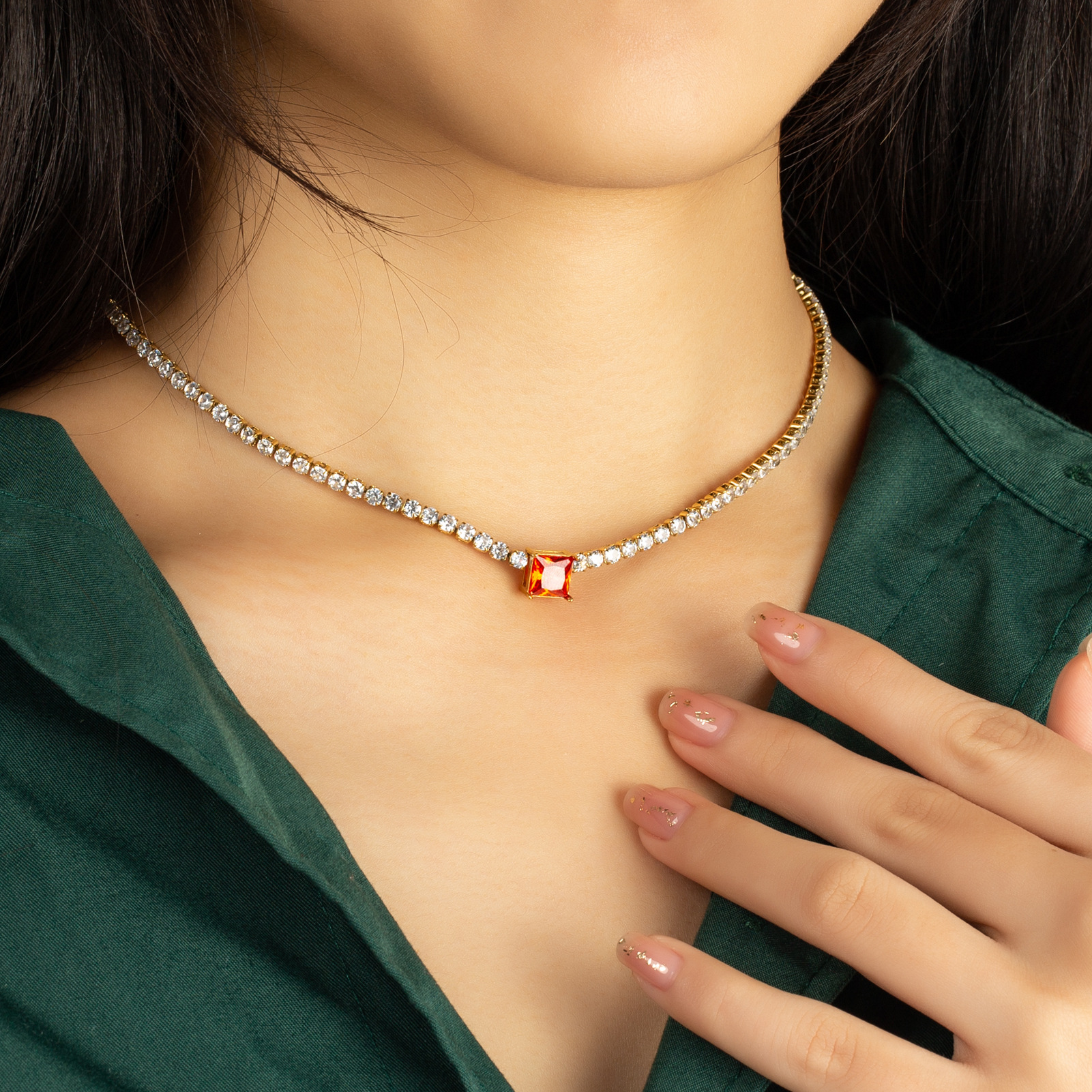 Zircon Inlaid Geometric Stainless Steel Necklace