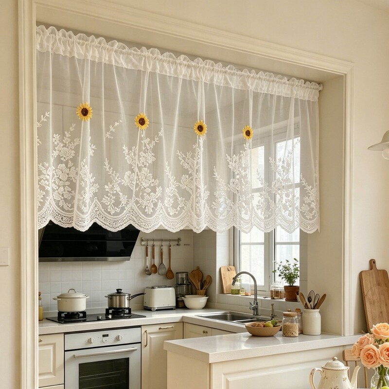 Amazon French-Style Gauze Curtains, Sunflower Curtains, Light-Transmitting but Not See-Through, Door Curtains, Partition Short Curtains, Kitchen Shades, No Drilling Required