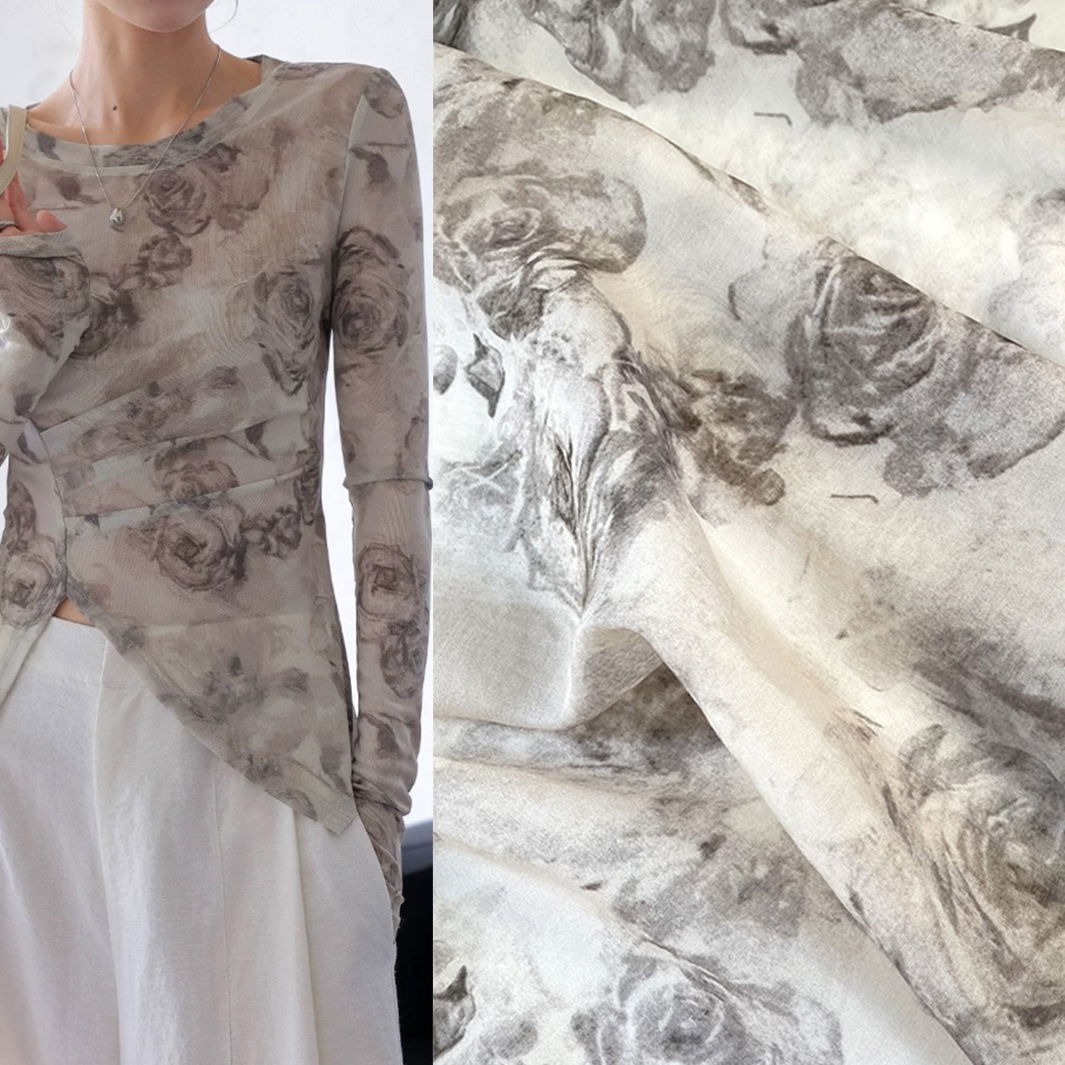 印染卡其色水墨玫瑰薄款微透天丝麻古风面料汉服连衣裙布料