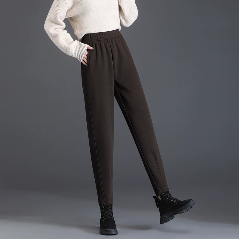 Autumn warm coffee trousers for leisure, fitted, loose fit, high waist