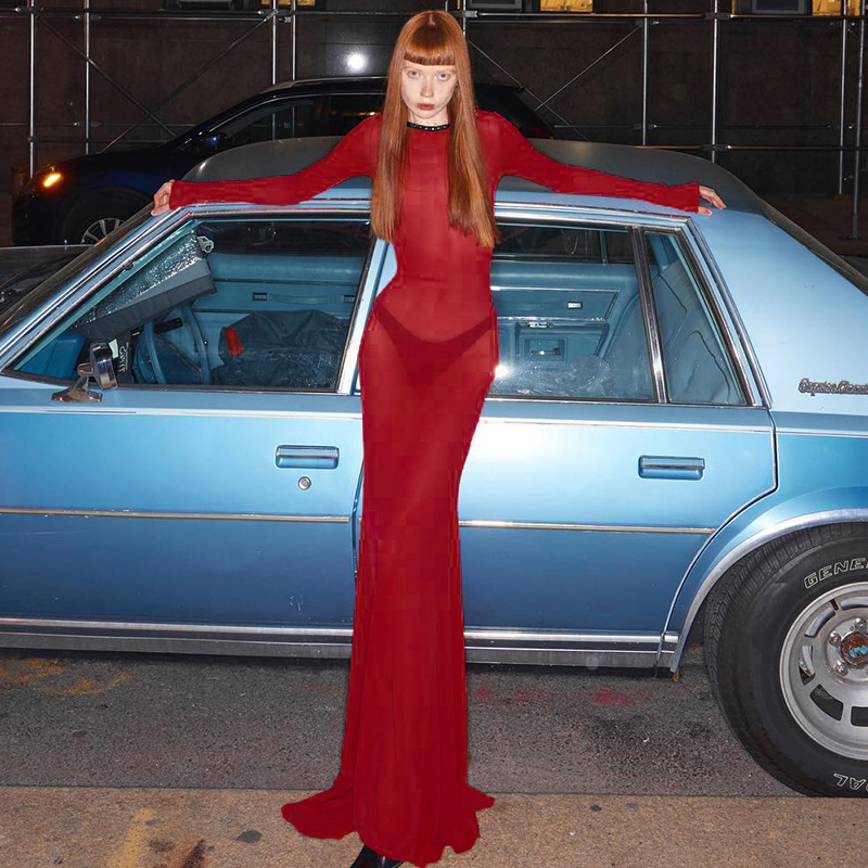 European and American Style Fashion New Summer Women's Clothing Sexy Mesh Backless Strap Long-Sleeved Extra Long Dress for Women Dropshipping