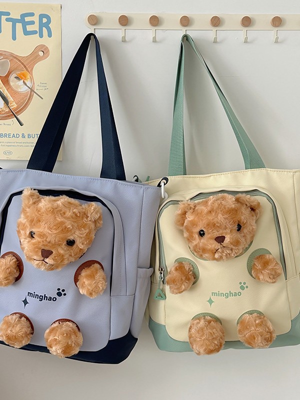 Cute Doll Canvas Bag for Women Large Capacity Bear Plush Crossbody Tote Bag for Girls Junior High School Students Handbag