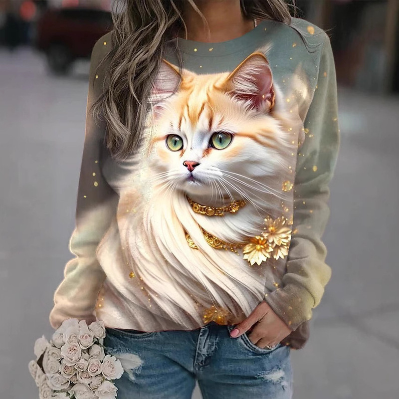 Cross-border European and American independent station Amazon Fashion Women's pullover sweatshirt animal cat round neck sweater long sleeve