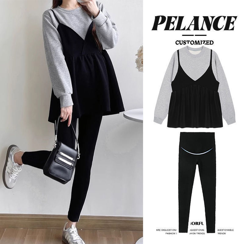 Maternity Autumn Fashion Set 2025 New Spring and Autumn Loose Sweatshirt Top That Covers the Belly and Looks Casual Two-Piece Set