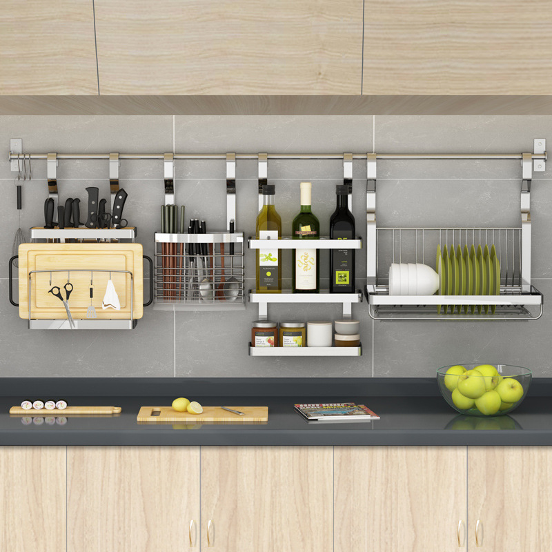 Estante de cocina de acero inoxidable montado en la pared libre de perforación para colgar en la pared estante de la barra estante del cuchillo Placa de tazón de aceite y sal salsa estante de almacenamiento