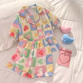 云朵棉睡衣女短袖短裤春秋季小新卡通薄款儿童中大童家居服套装