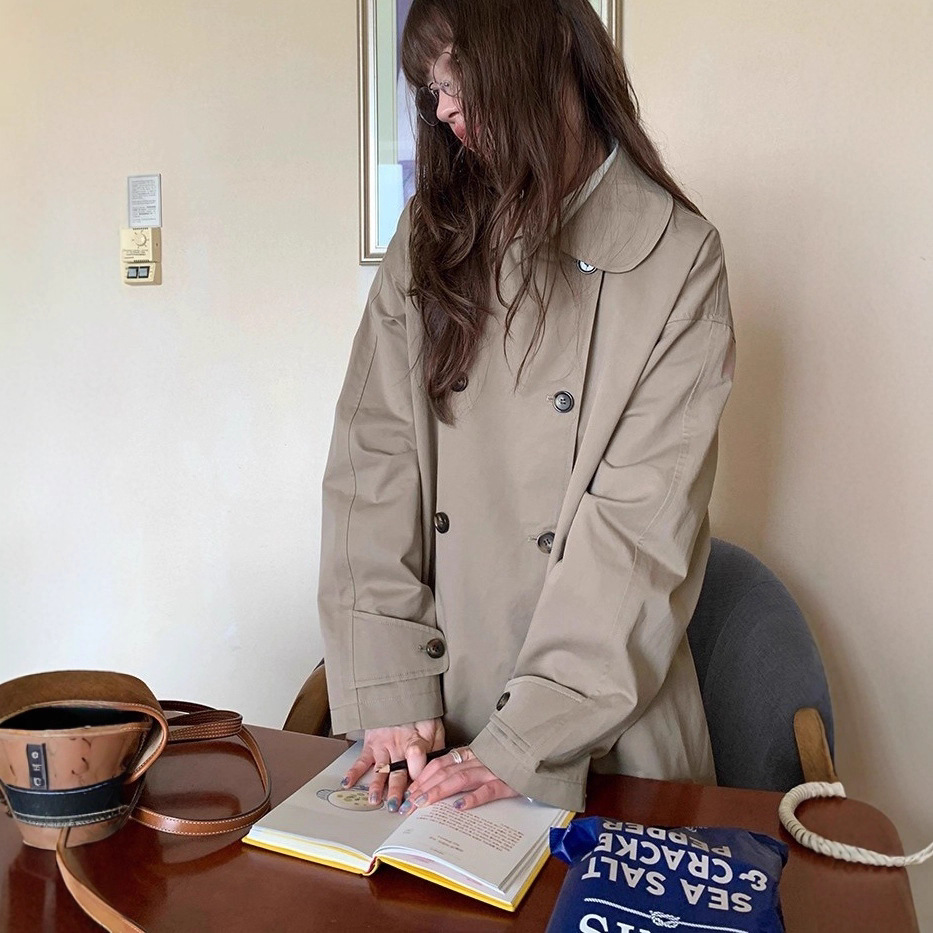 Korean Design Mid-Length Doll Collar Windbreaker Spring and Autumn Women's Loose Double-Breasted New Cape Jacket