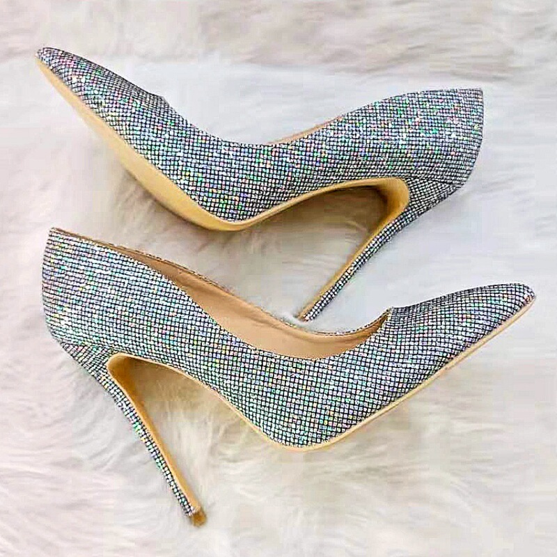 Silver Flash Colorful Sequin Pointed High Heels Women's Stiletto Heel Shallow Mouth Shoes Small Size 10cm Sexy Cyber Popular Women's Shoes