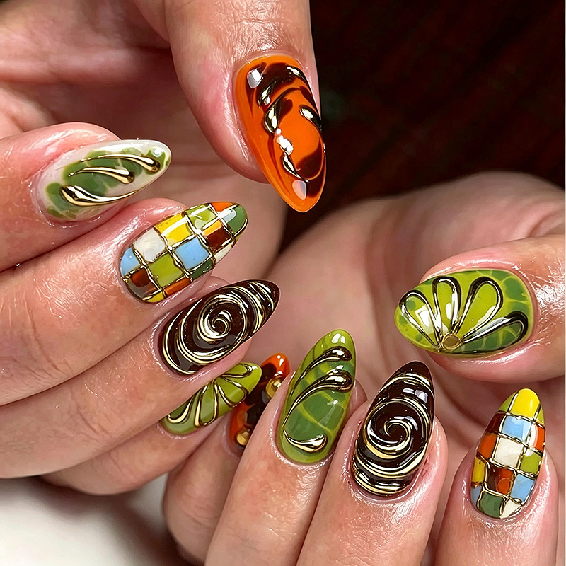 30-piece set of cross-border oil painting swirl press-on nails, autumn plaid nail art, embossed finished nail pieces, fake nails wholesale 30-piece set of cross-border oil painting swirl press-on nails, autumn plaid nail art, embossed finished nail pieces, fake nails wholesale