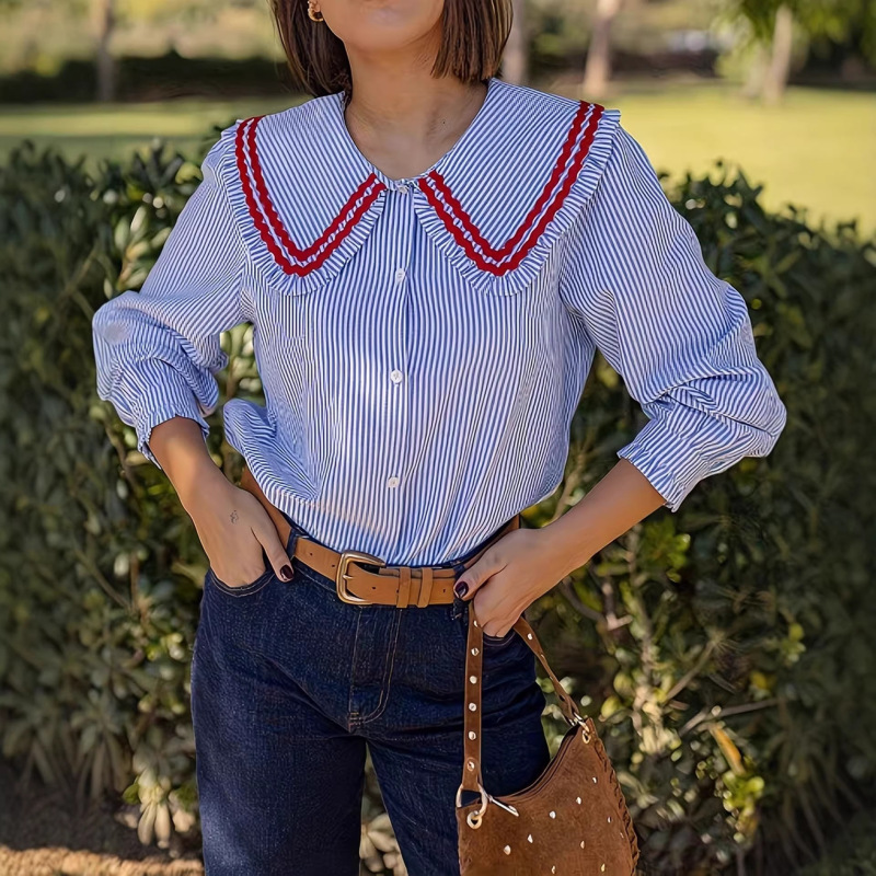 2026 Independent Foreign Trade Women's Clothing Striped Doll Collar Shirt with Red Ribbon Decoration Loose Long-Sleeve Top 2026 Independent Foreign Trade Women's Clothing Striped Doll Collar Shirt with Red Ribbon Decoration Loose Long-Sleeve Top
