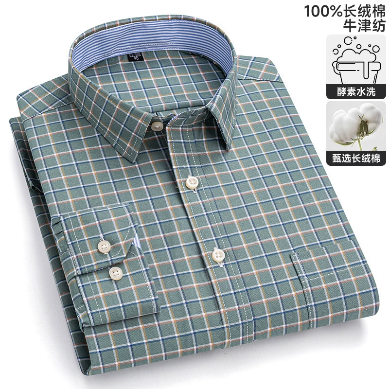 Новинка 2025 года, новая текстильная рубашка Оксфорд с длинными рукавами для мужчин молодого и среднего возраста, деловая повседневная модная рубашка большого размера из чистого хлопка в клетку