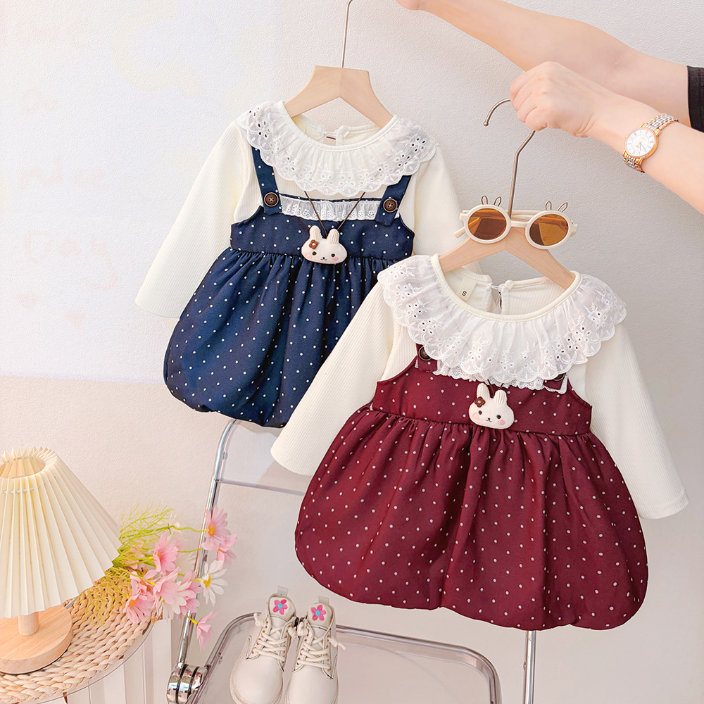 Girls Spring & Fall Princess Dress, Stylish Long-Sleeved Cute Rabbit Skirt, 2025 New Polka Dot Dress