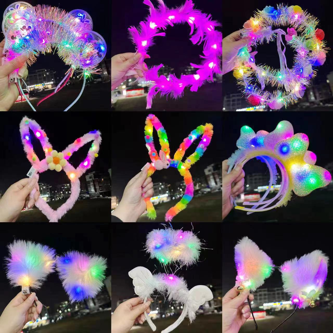 stall luminous toys night market with light headband hair accessories feather rabbit ears headband plush headdress floor push barrettes