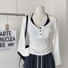 新款慵懒格调吊带背心方领长袖T恤格子阔腿裤套装