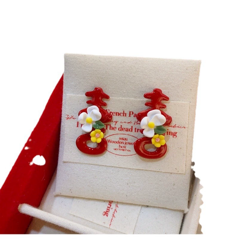 Cute retro red festive earrings, Chinese style, Birthday gift