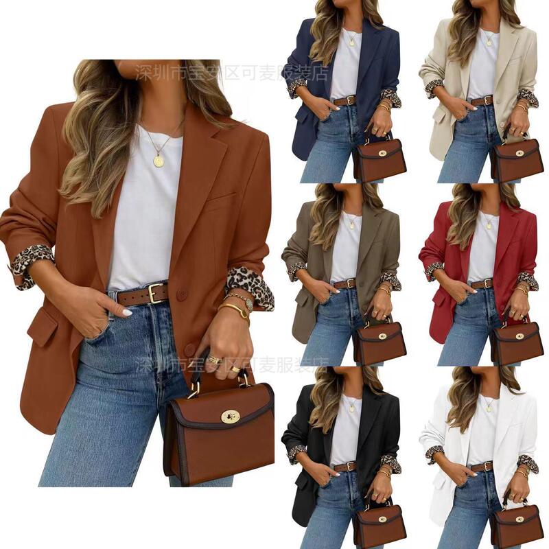 2025 Cross-Border European and American Autumn New Style Women's Fashion Casual Blazer with Contrasting Leopard Print Cuffs and Lapels
