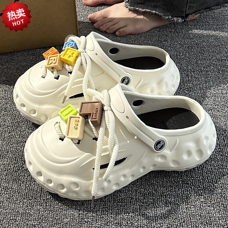 Popcorn Hole Shoes Women's Summer Outer Wear 2024 New Fashionable Casual Soft Bottom Fashionable Baotou Half Slippers Men's Sandals