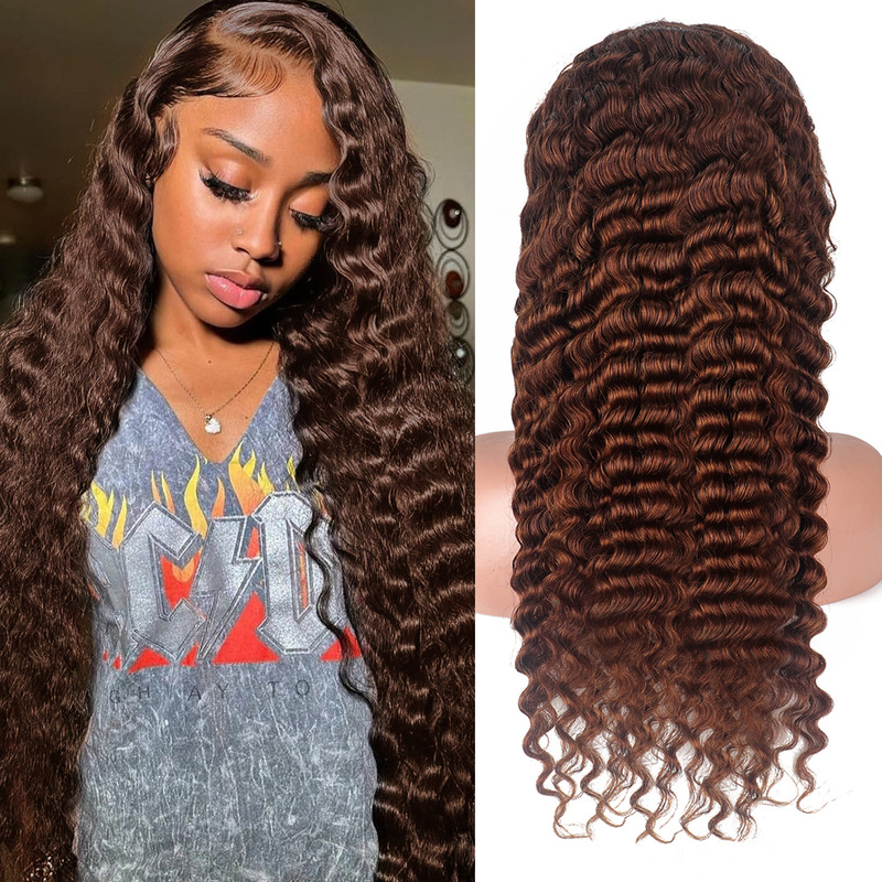 13*4 Deep Wave Lace Brown Human Hair Wig African 4 # Deep Wave Wigs
