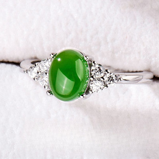 Hetian Jade Ring Women's 925 Sterling Silver Natural Jade Vegetable Green Jasper Emerald Chinese Valentine's Day Gift Souvenir