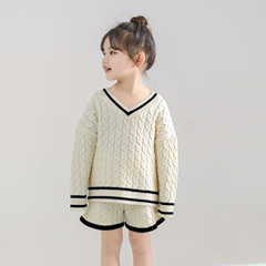 韓版童裝兒童V領毛衣女寶套頭毛線衣針織短褲兩件套女童針織套裝