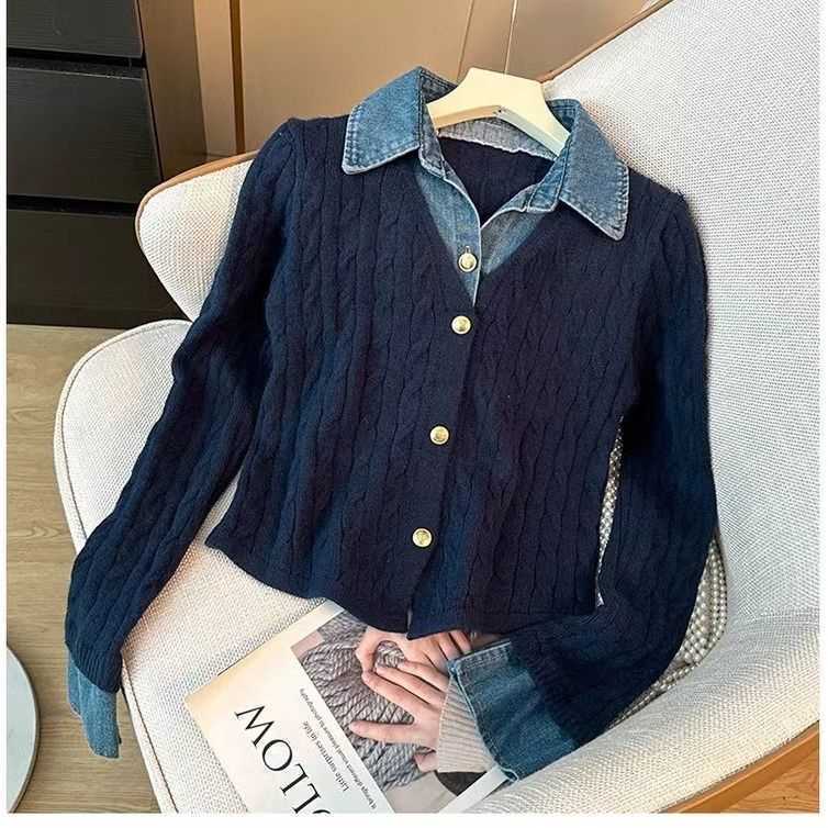 Women's Cable Knit Sweater With Denim Collar Patchwork Pullover_voghion.com