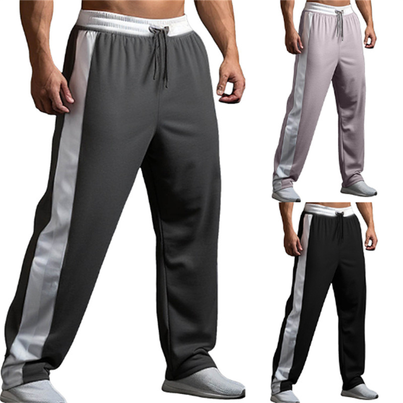 Men's sports jogging wide leg drawstring elastic waist color matching straight casual trousers