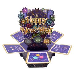 新品烫金HAPPY NEW YEAR 新年立体贺卡摆件烟花新年祝福跨境通用