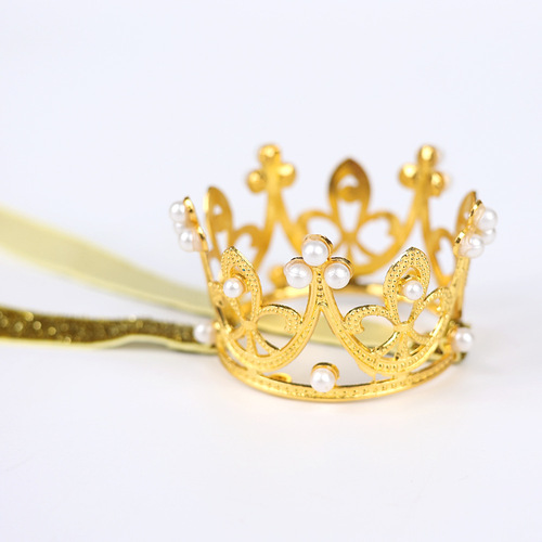 Wholesale European and American children's headwear, baby pearl crown, gold and silver alloy birthday headband, elastic smart band, crown hairband
