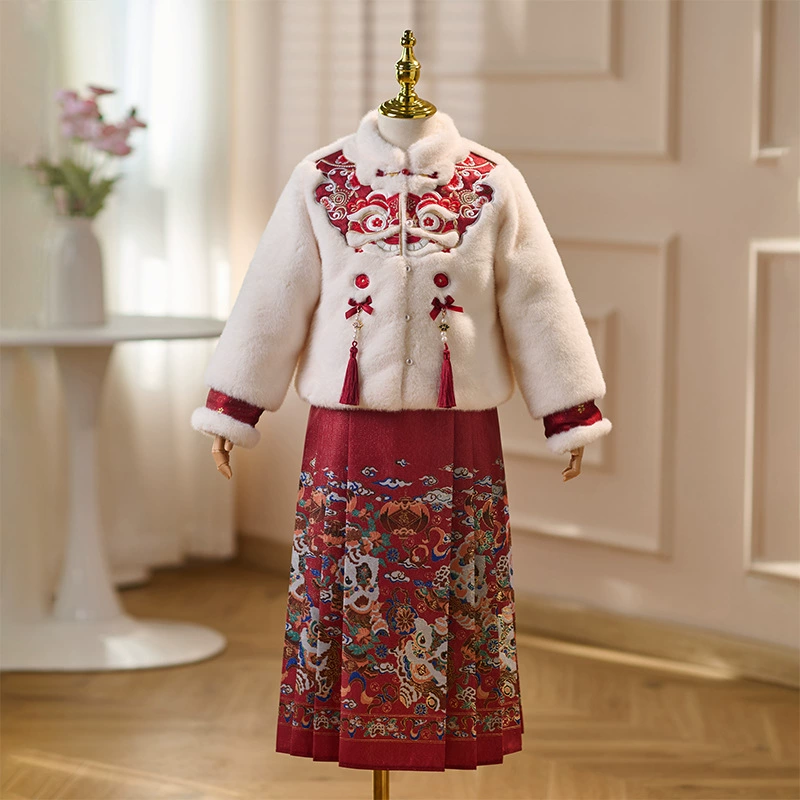 女童拜年服冬季新款中国风唐装小女孩加绒加厚马面裙汉服套装
