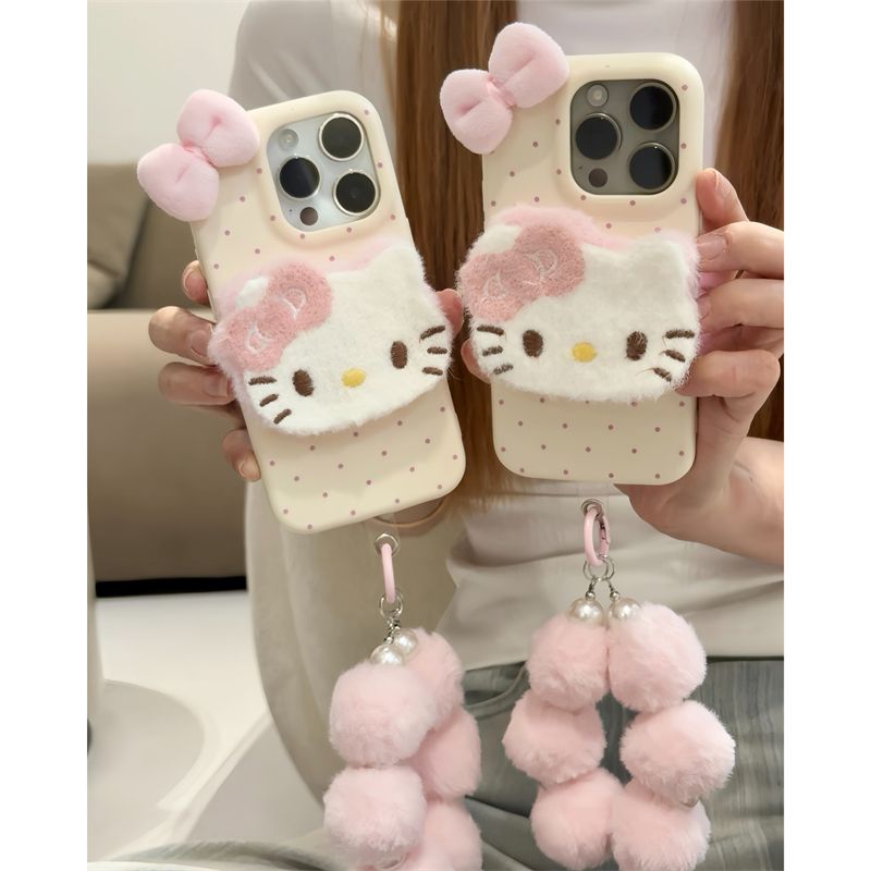 毛绒kt支架公仔链条适用iPhone16promax苹果15手机壳14皮纹13软12