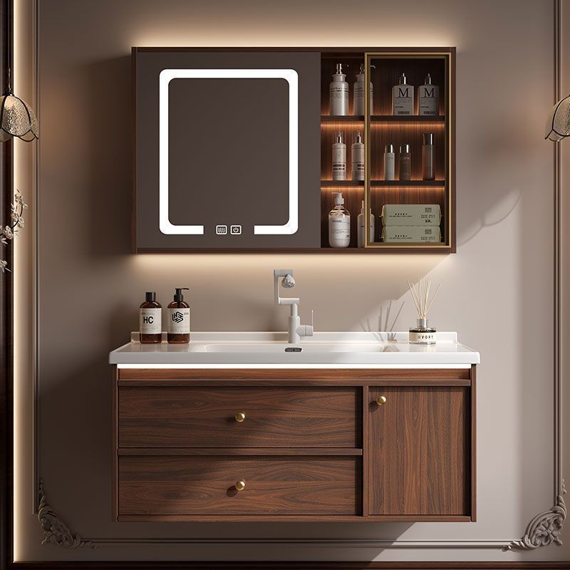 Walnut Wood Vintage-Style Bathroom Cabinet with Integrated Ceramic Washbasin, Chinese-Style Washroom Set