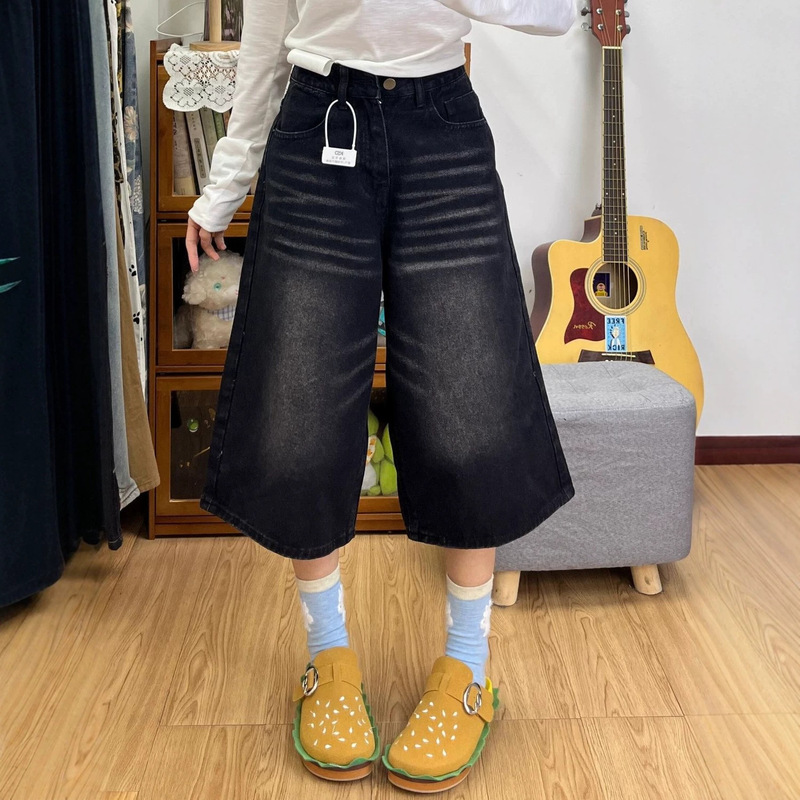 Women's summer new cropped wide-leg pants, loose and slimming straight-cut denim pants for pear-shaped body, thin summer style Women's summer new cropped wide-leg pants, loose and slimming straight-cut denim pants for pear-shaped body, thin summer style