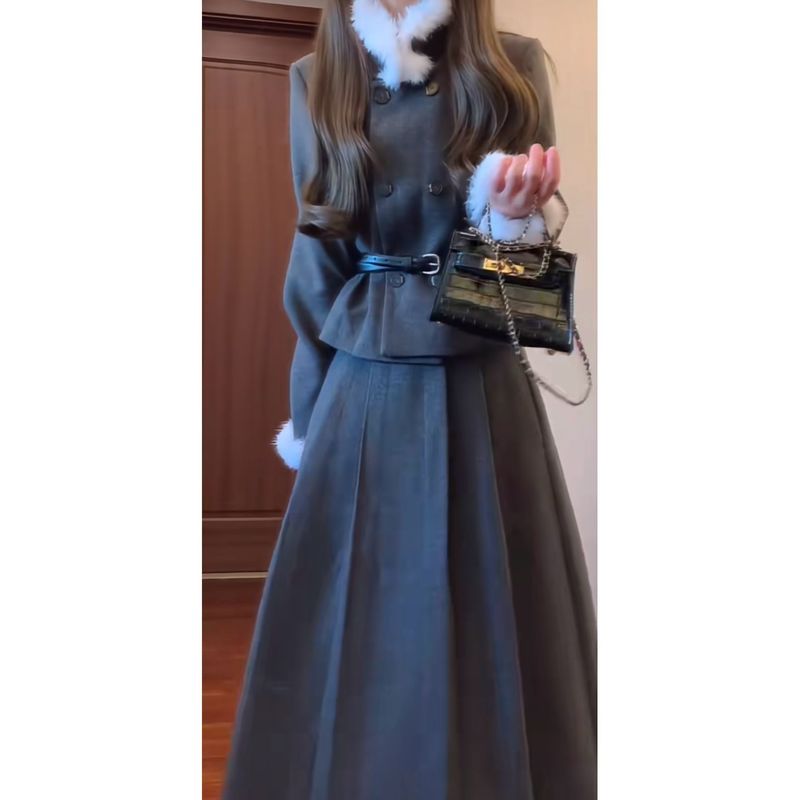 韩系气质小香风千金感毛领外套女秋冬高腰百褶半身裙套装甜美精致|undefined