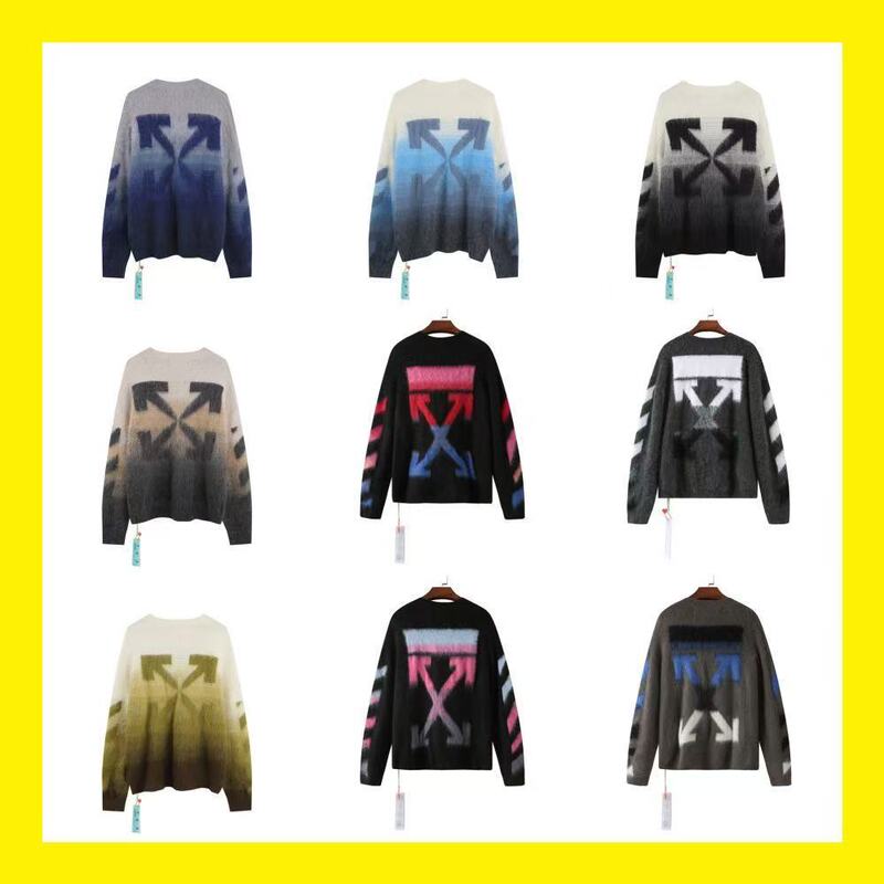 Autumn and Winter Off Mohair Knitwear Gradient Ow Arrow Print Men's and Women's Loose Knitwear Tops Cross-Border Wholesale