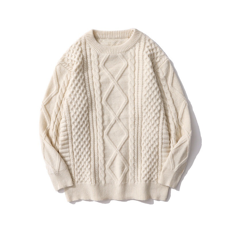 Reverse Cable Knit Aran Sweater, Round Neck Fisherman's Off-White Braided Twist Knit Sweater for Men and Women, Winter Wool Sweater
