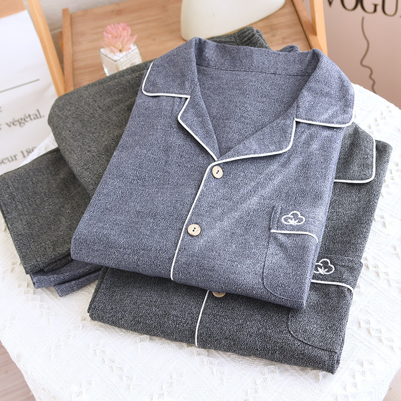 New Knitted Cotton Men's Pajamas suit Thickened Simple Lapel Cardigan Long Sleeve Casual Home Clothes suit Wholesale