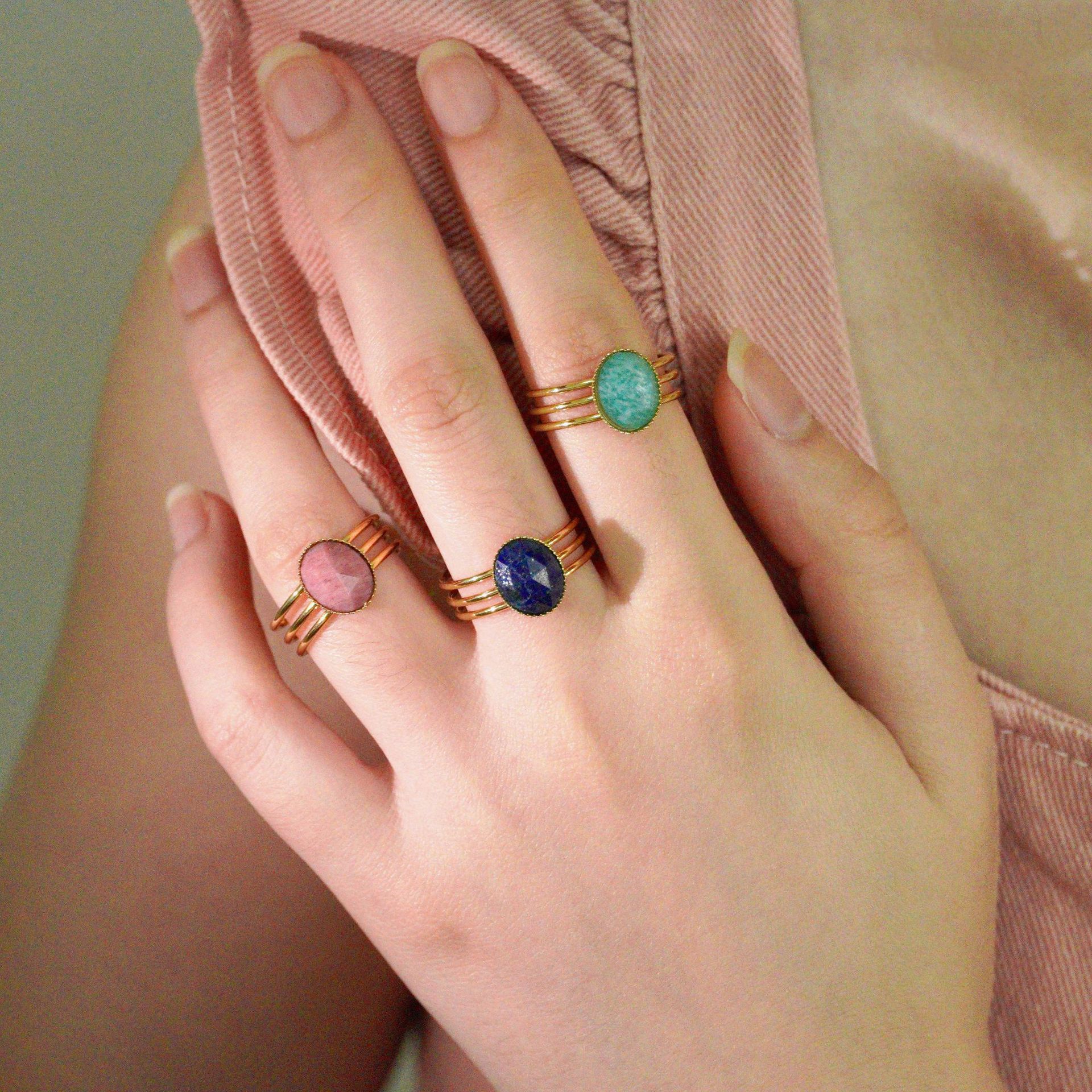 7g Weight Retro French Style Geometric Titanium Steel Natural Stone Open Rings In Bulk