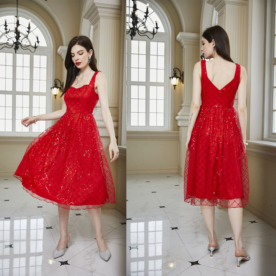 El comercio exterior de Europa y América nuevo vestido de Amazon sin mangas Delgado lentejuelas rojo banquete vestido rojo Vestido corto