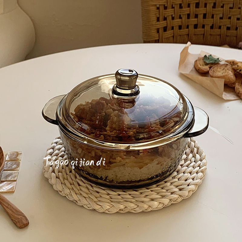 Brown Glass Bowl with Double Handles and Lid, High Temperature Resistant, Household Large Rice Bowl, Soup Bowl, Salad Bowl, Instant Noodle Bowl, Solid Color Brown Glass Bowl with Double Handles and Lid, High Temperature Resistant, Household Large Rice Bowl, Soup Bowl, Salad Bowl, Instant Noodle Bowl, Solid Color