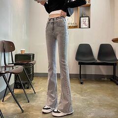 毛边烟灰色微喇牛仔裤女春秋季2025新款高腰修身显瘦阔腿喇叭裤子