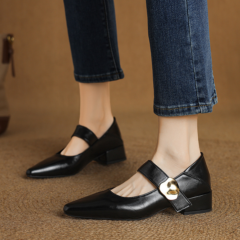 2025 Spring New Pointed Chunky Heel High Heels Shallow Mouth Single Shoes with Buckle Women's Shoes Fashion European and American Style