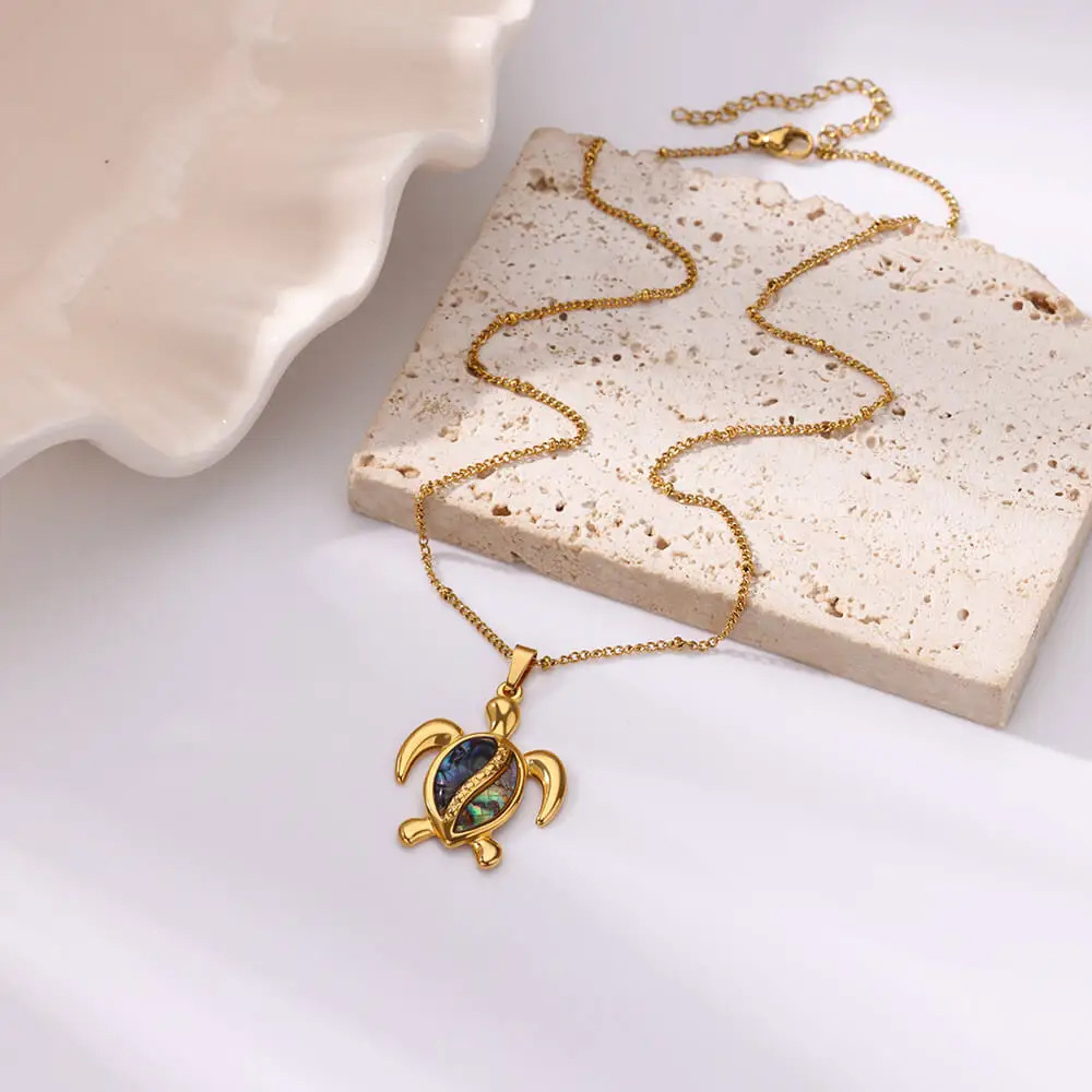 304 Stainless Steel Material PVD Coated Real Gold Plated Tortoise Starfish Conch 304 Stainless Steel Vintage Style Marine Style Waterproof Non Tarnish 304 Stainless Steel Lobster Trigger Clasp Closure Pendant Necklace