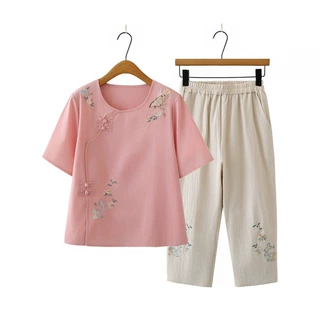 妈妈夏装纯棉套装中老年女装宽松大码短袖上衣服洋气奶奶装两件套