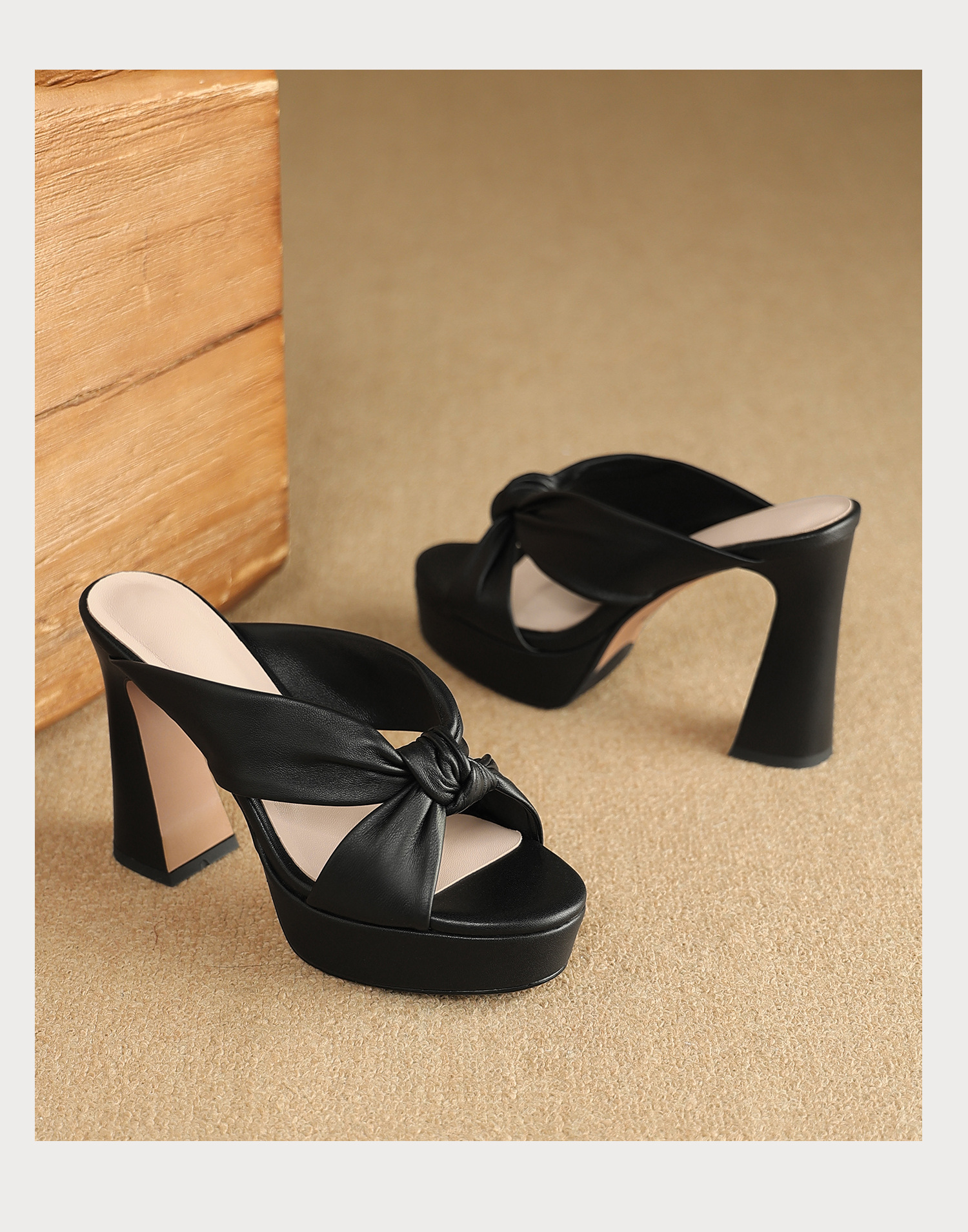 Sandal cao gót nữ mũi hở da cừu mềm, đế xuồng platform, gót vuông 8-10cm, nơ bướm — Hồng 8cm, Xanh da trời 10cm, Hồng 10cm, Trắng kem 8cm chi tiết 24
