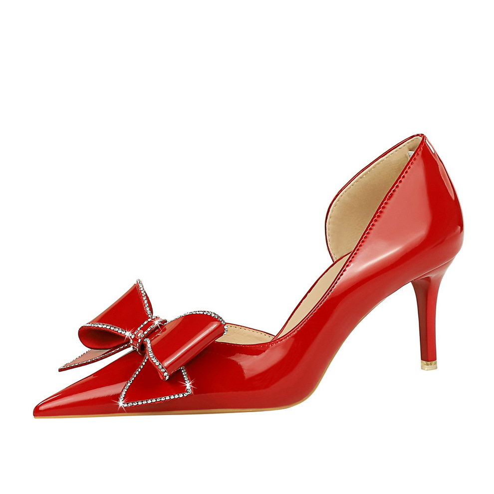 638-AH12 Style Banquet Women's Shoes Thin Heel High Heel Shallow Notch Pointed Side Hollow Rhinestone Bow Single Shoe Women