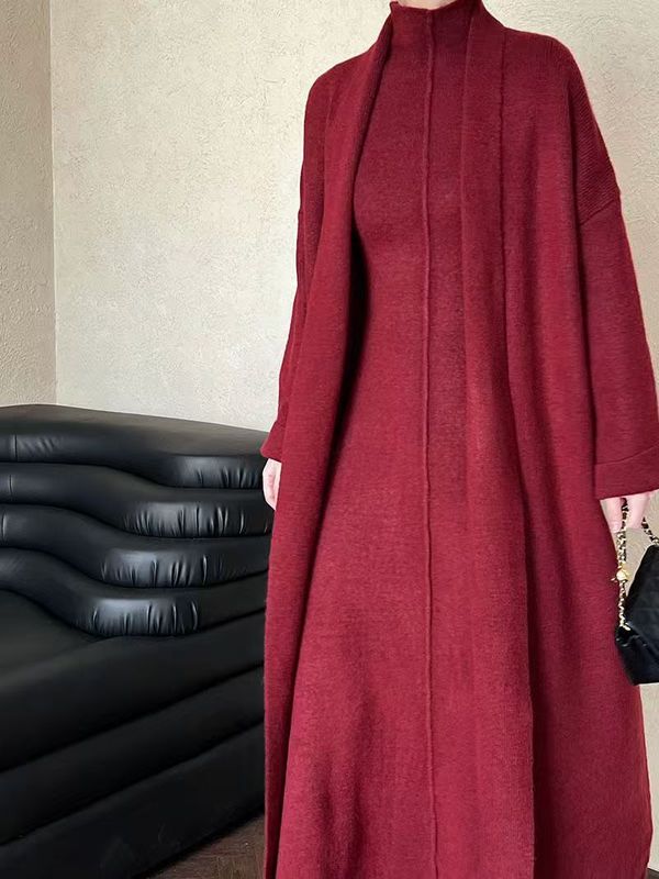 秋と冬の新しいファッショナブルなハイカラードレスツーピースレイジースタイルロングニットカーディガンセータースーツ女性用|undefined