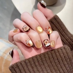 小紅書卡皮巴拉穿戴甲美拉德色系短款可愛熊美甲貼片貓眼咖色