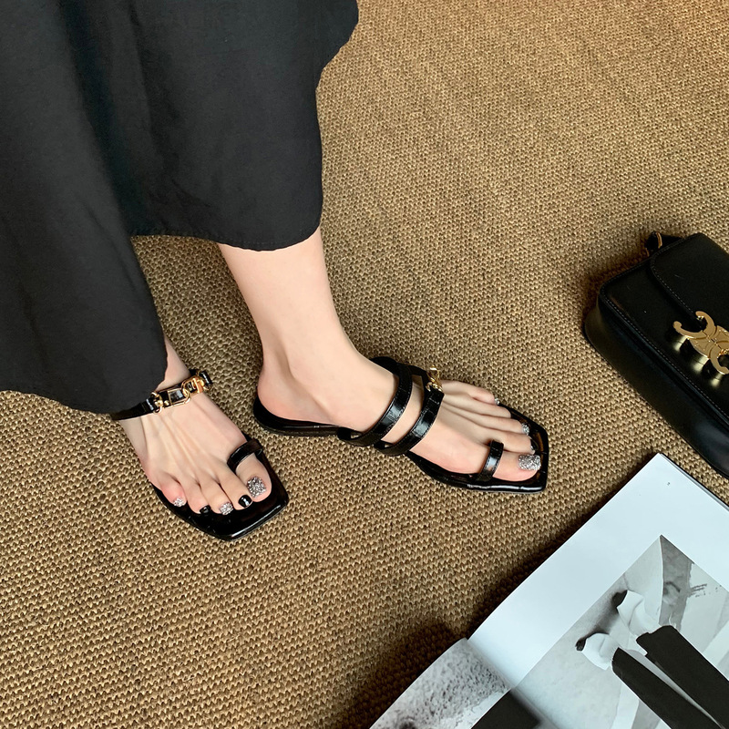 Sheepskin Version ~ Genuine Leather Asymmetrical Metal Buckle One-Line Crocodile Pattern Slip-On Flat Slippers for Women to Wear Outside